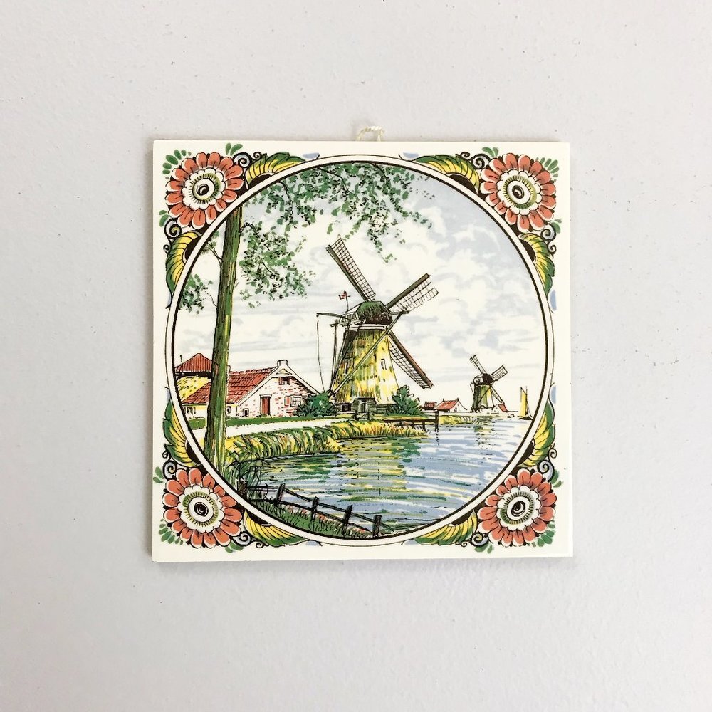DELFT Poly Vintage Windmill Decorative Tile 6x6 Hand Painted Dutch Holland